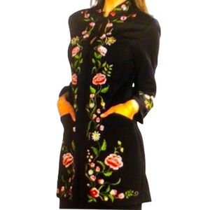 Vintage Victor Costa Black Floral Embroidered Long Duster Coat Cottom Size Large